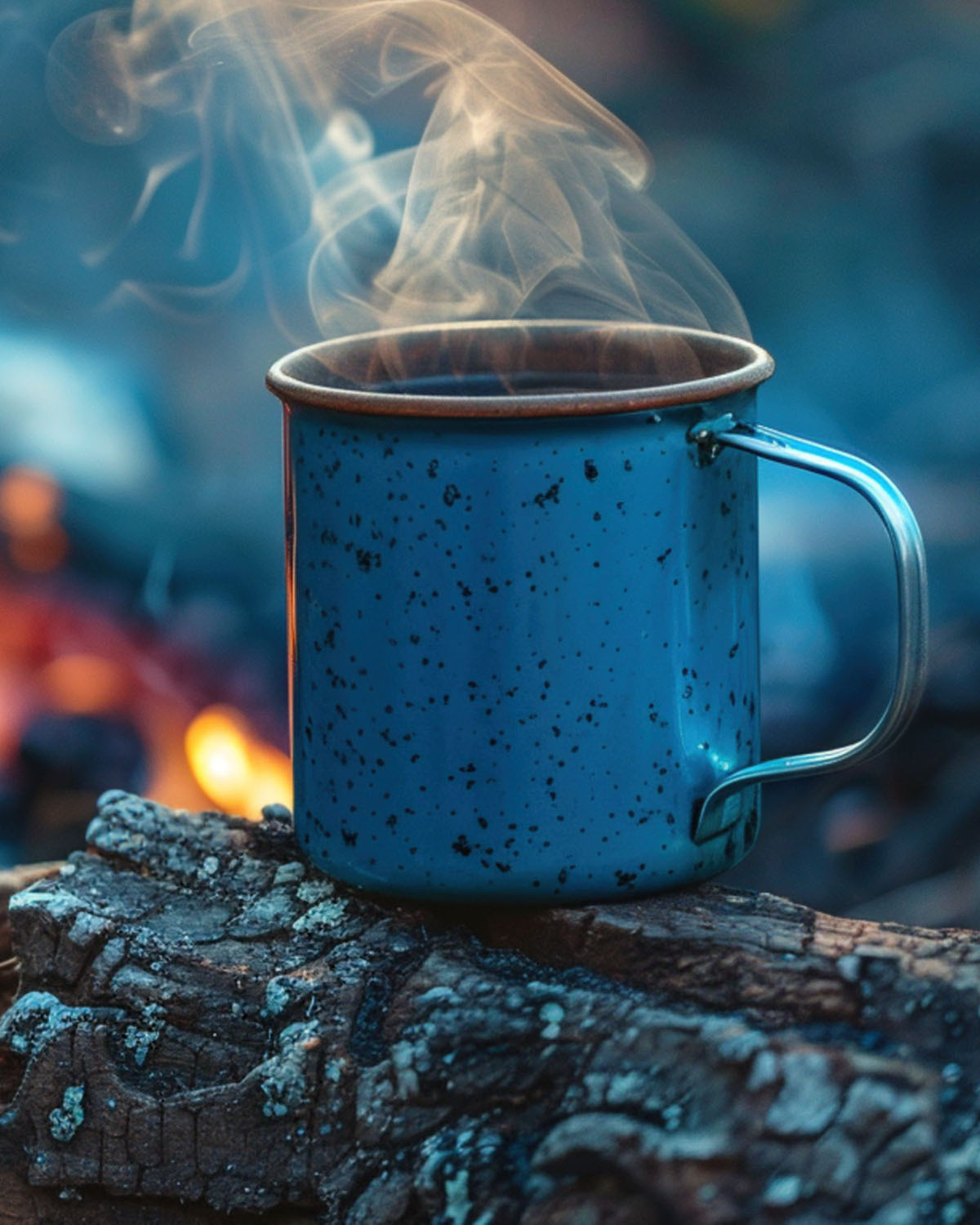 A mug with hot coffee. The steam is coming from the top and the fire is burning on the background